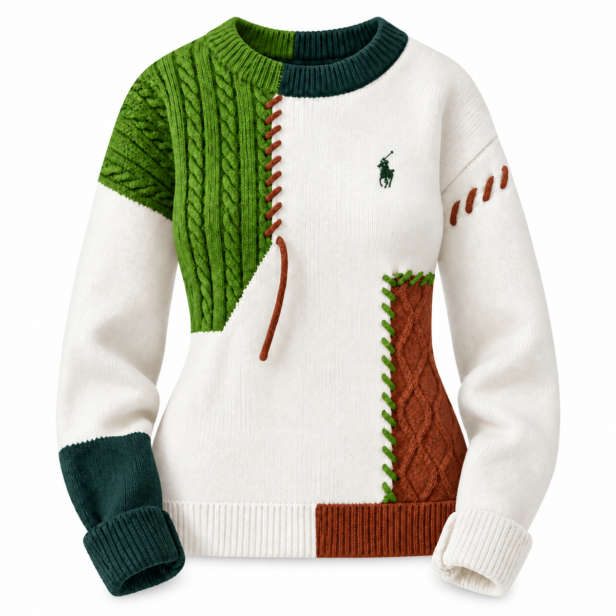 Patchwork Cable-Knit Crewneck Sweater