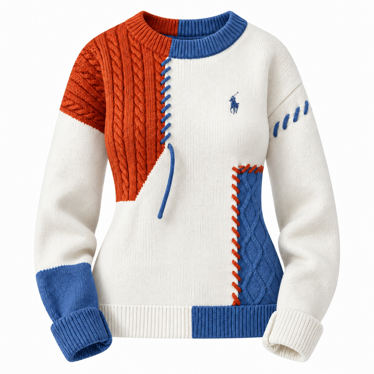 Patchwork Cable-Knit Crewneck Sweater