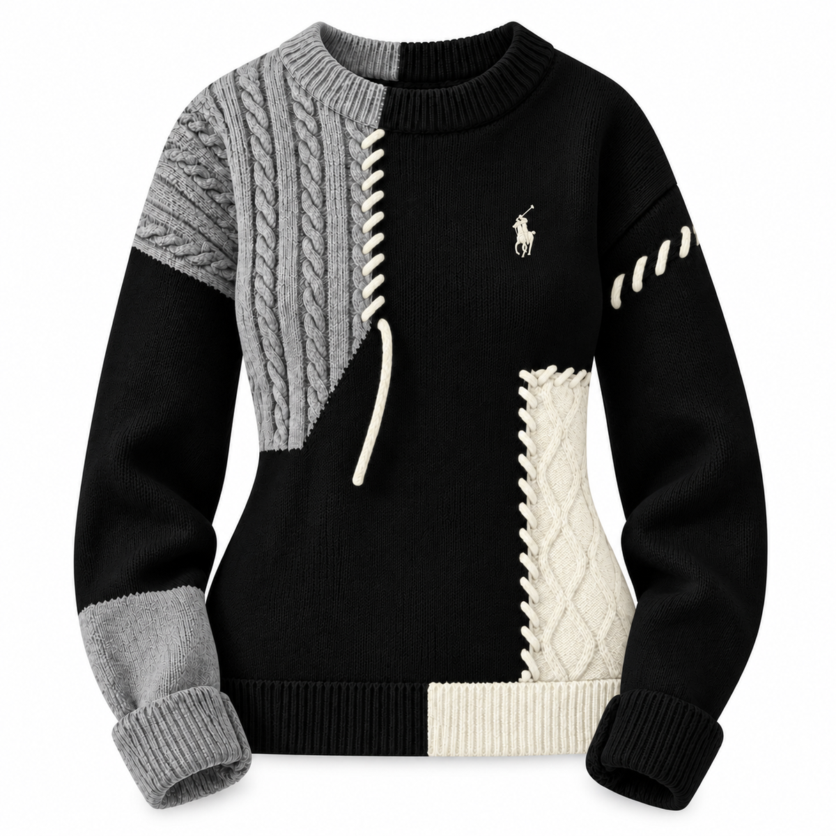 Patchwork Cable-Knit Crewneck Sweater