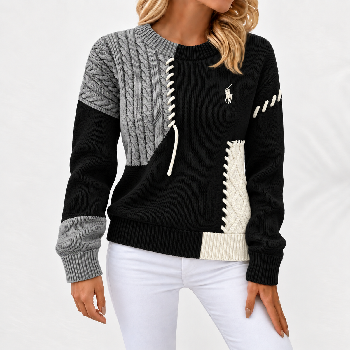 Patchwork Cable-Knit Crewneck Sweater