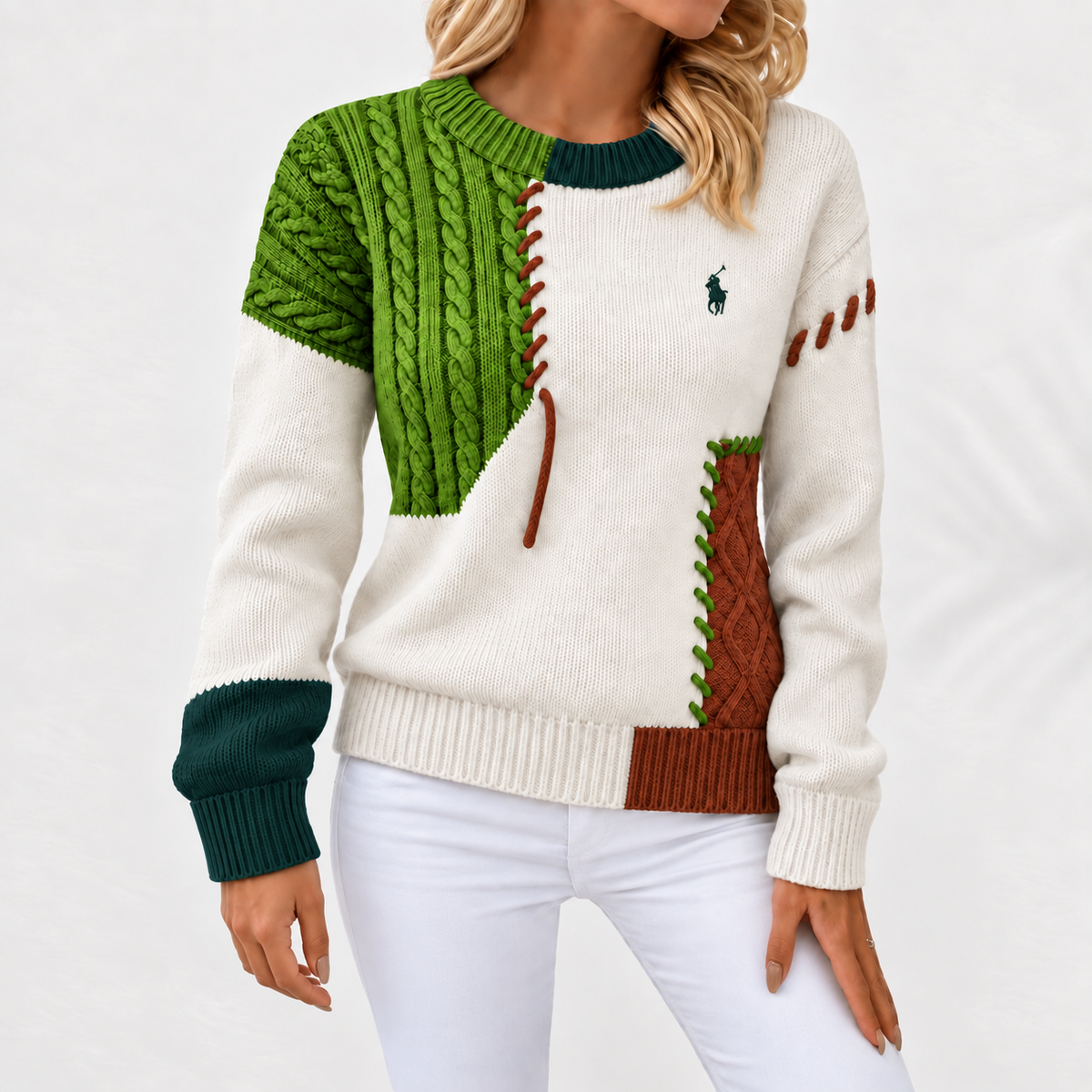 Patchwork Cable-Knit Crewneck Sweater