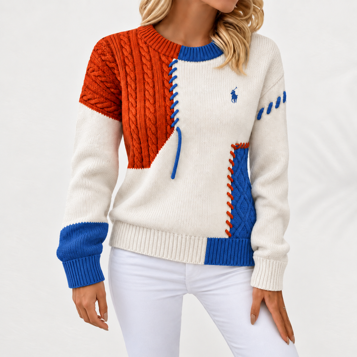 Patchwork Cable-Knit Crewneck Sweater