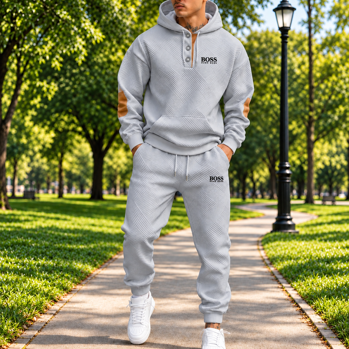 Men's Textured Three-Button Hooded Tracksuit